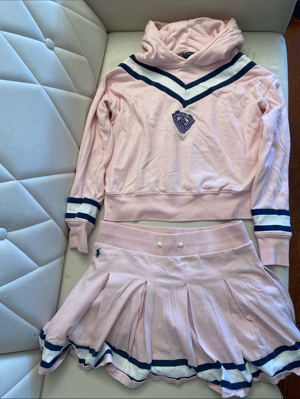 Ralph Lauren Pink Hoodie & Pleated Skirt Set with Navy Trim